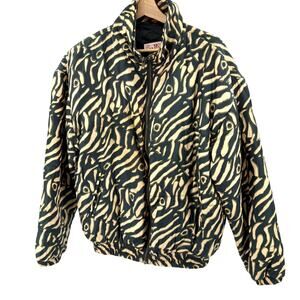 Vintage 90s Stunt Sports Black Tan Silk Zebra Print Track Jacket